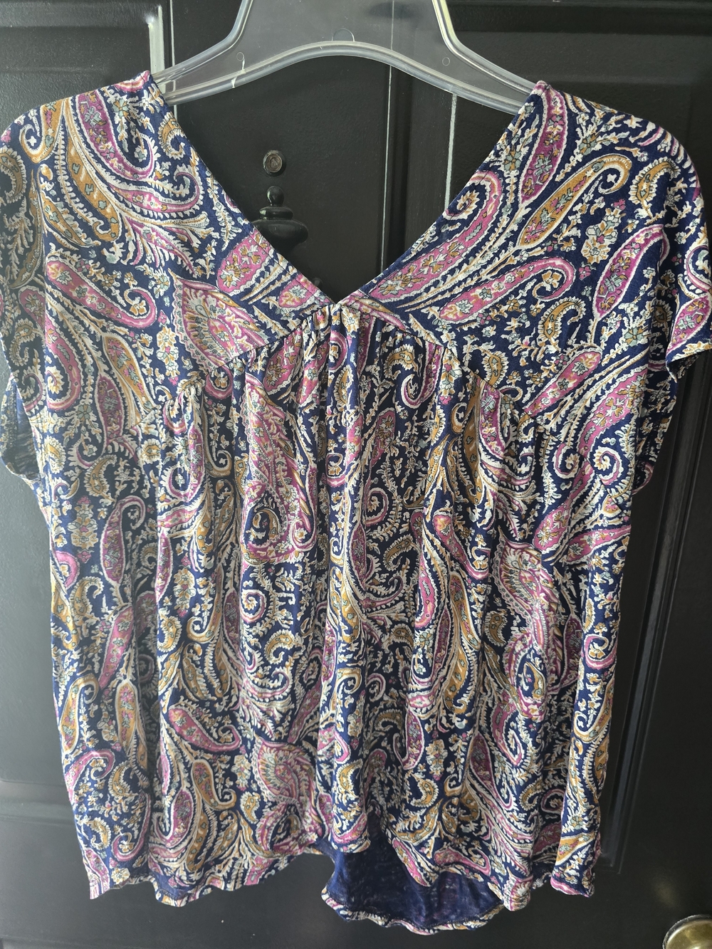 Lucky Brand Medium Paisley V-Neck Short Sleeve Top - Navy, Pink & Gold
